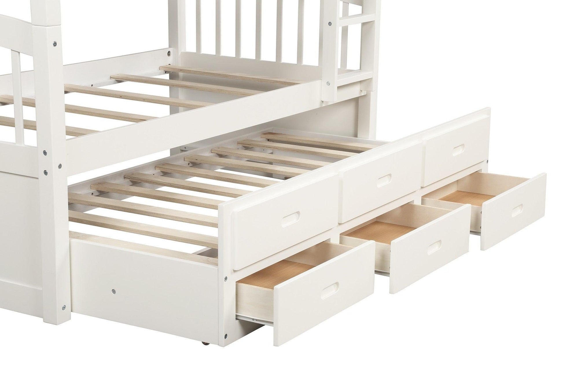 White Twin Over Twin Bunk Bed with Trundle and Drawers - FurniFindUSA