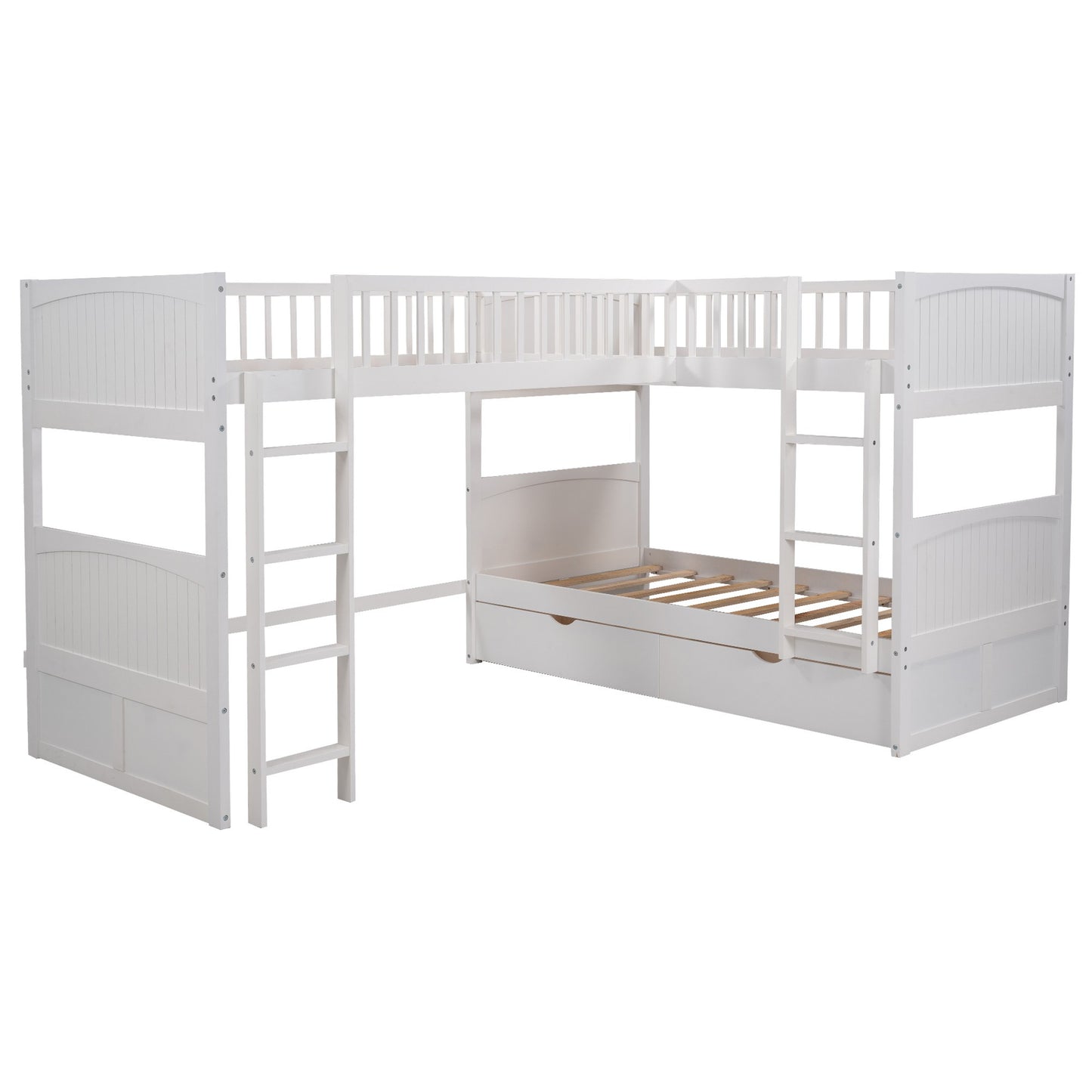 White Twin Size Bunk Bed with attached Loft Bed and Drawers