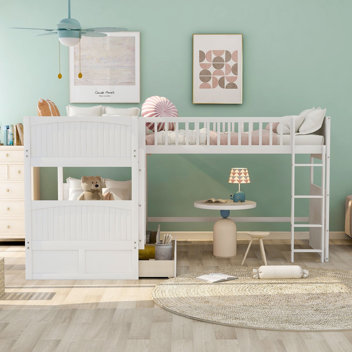 White Twin Size Bunk Bed with attached Loft Bed and Drawers - FurniFindUSA