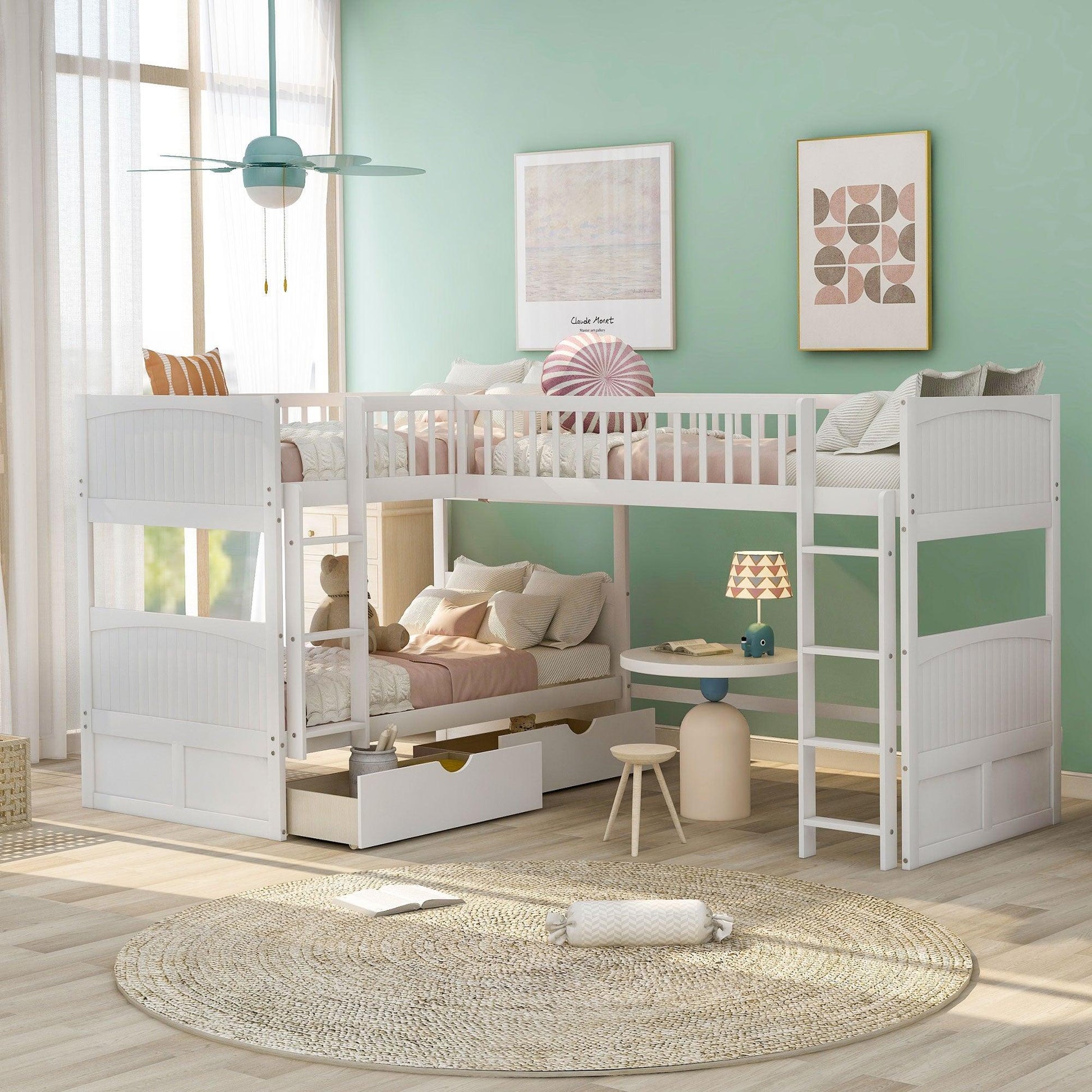 White Twin Size Bunk Bed with attached Loft Bed and Drawers - FurniFindUSA