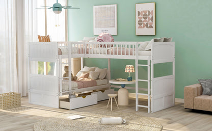 White Twin Size Bunk Bed with attached Loft Bed and Drawers - FurniFindUSA