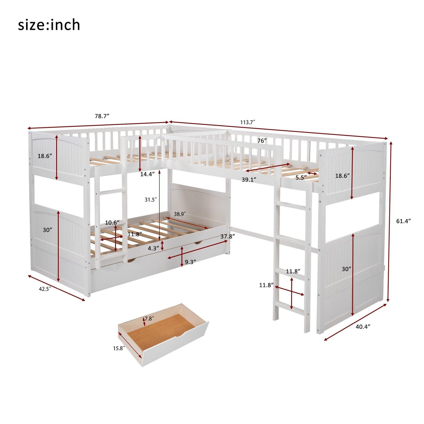 White Twin Size Bunk Bed with attached Loft Bed and Drawers - FurniFindUSA