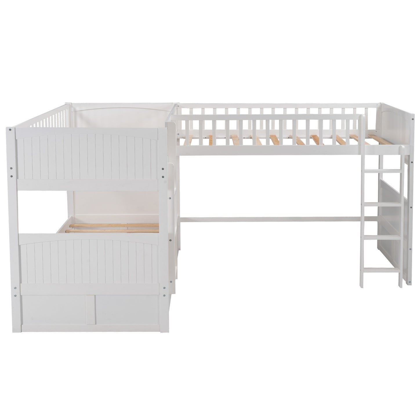 White Twin Size Bunk Bed with attached Loft Bed and Drawers - FurniFindUSA