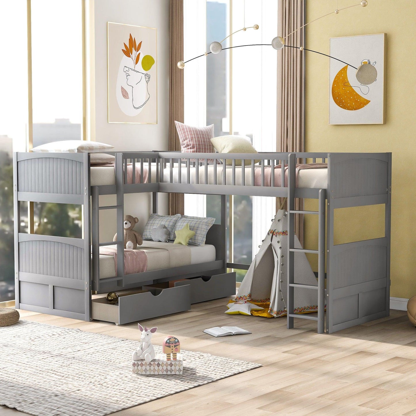 Gray Twin Size Bunk Bed with attached Loft Bed and Drawers - FurniFindUSA