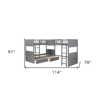 Gray Twin Size Bunk Bed with attached Loft Bed and Drawers - FurniFindUSA