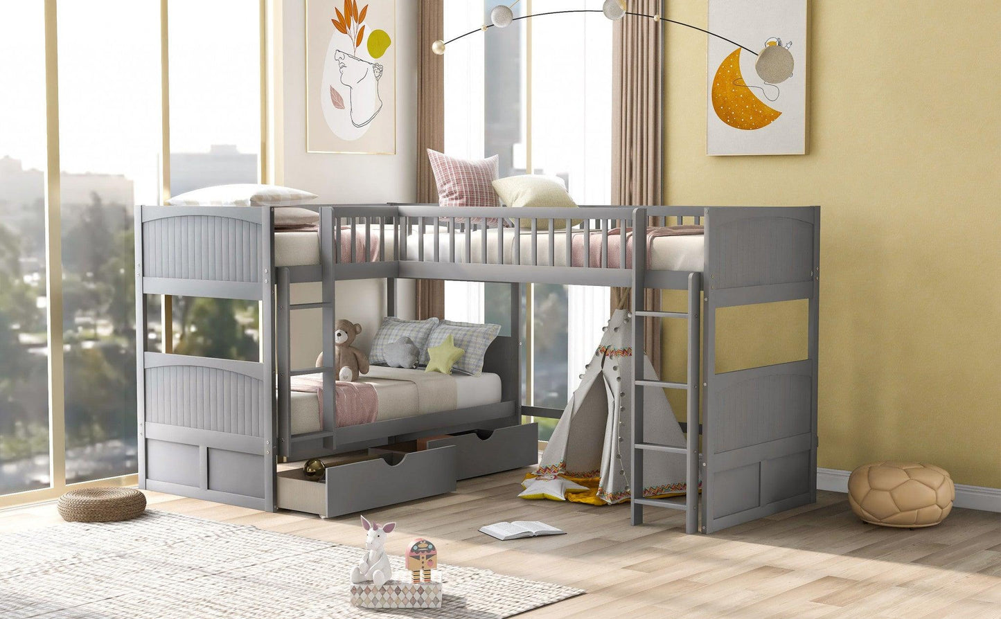 Gray Twin Size Bunk Bed with attached Loft Bed and Drawers - FurniFindUSA