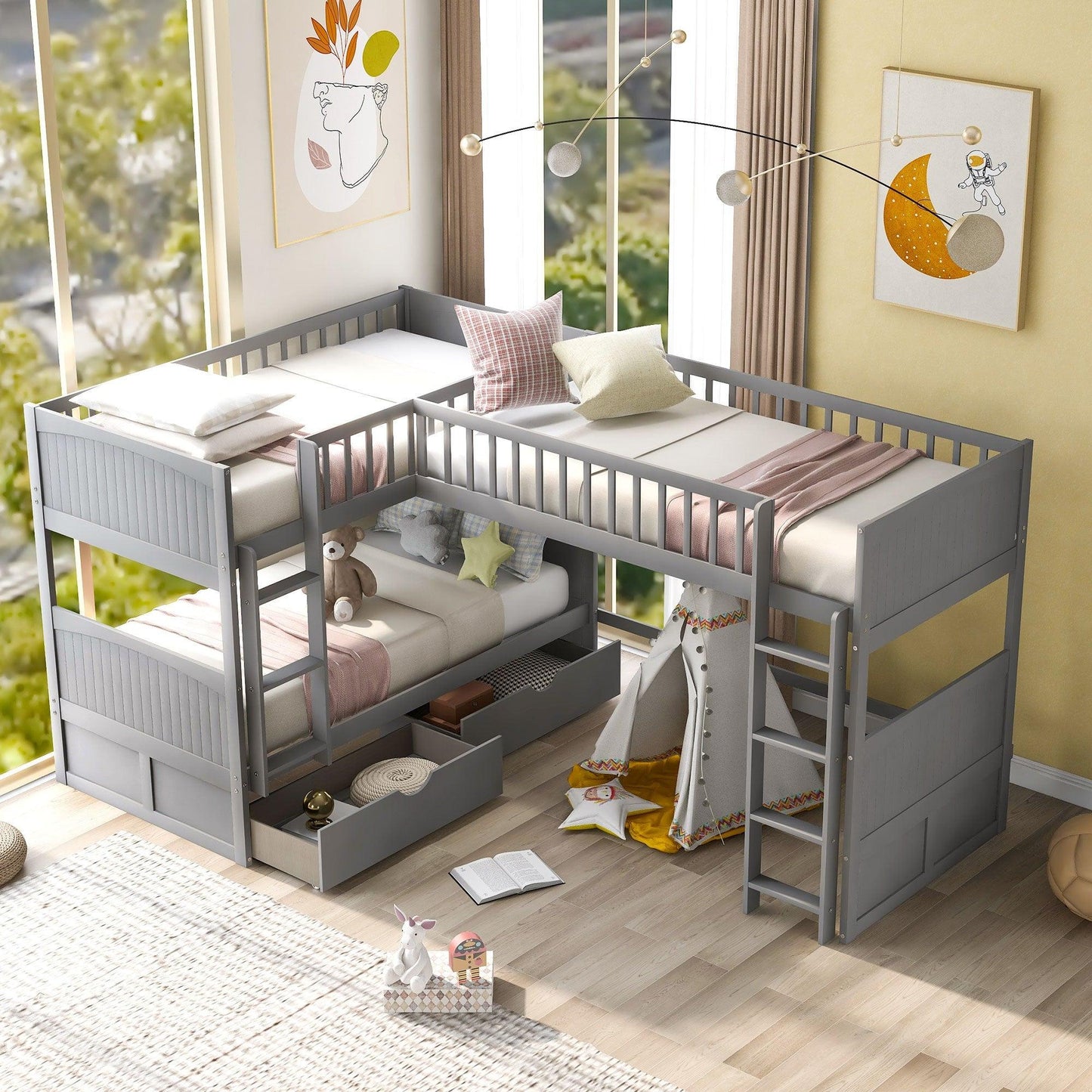 Gray Twin Size Bunk Bed with attached Loft Bed and Drawers - FurniFindUSA