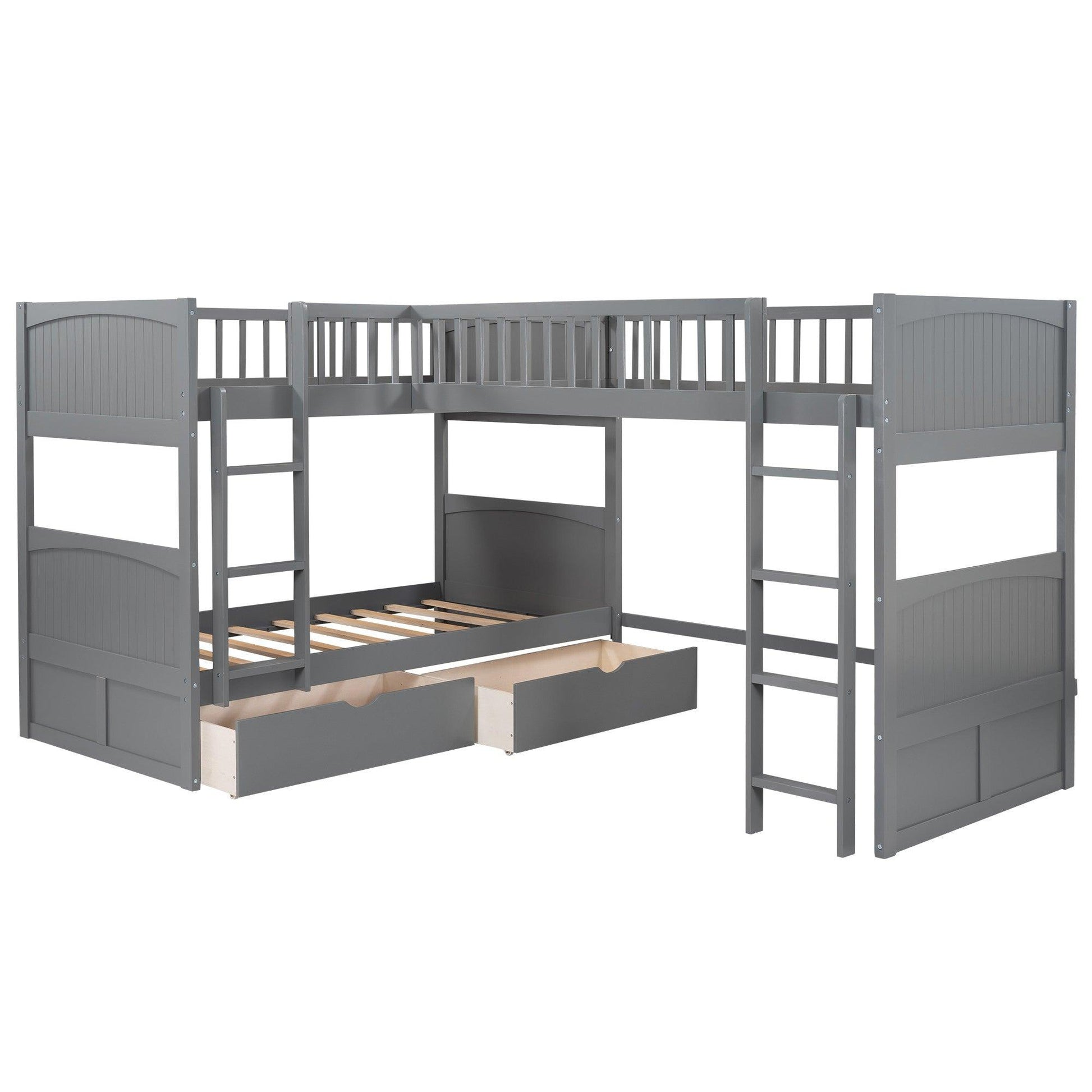 Gray Twin Size Bunk Bed with attached Loft Bed and Drawers - FurniFindUSA