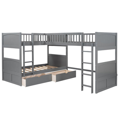 Gray Twin Size Bunk Bed with attached Loft Bed and Drawers - FurniFindUSA