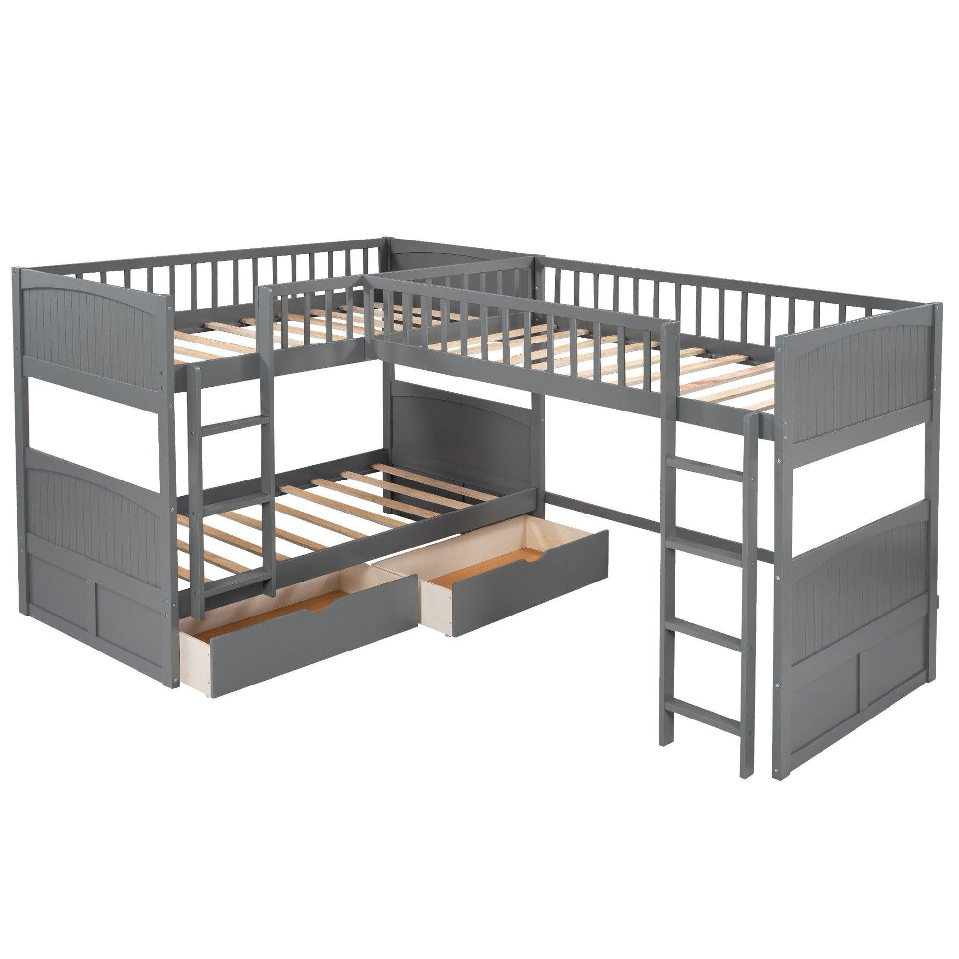 Gray Twin Size Bunk Bed with attached Loft Bed and Drawers - FurniFindUSA