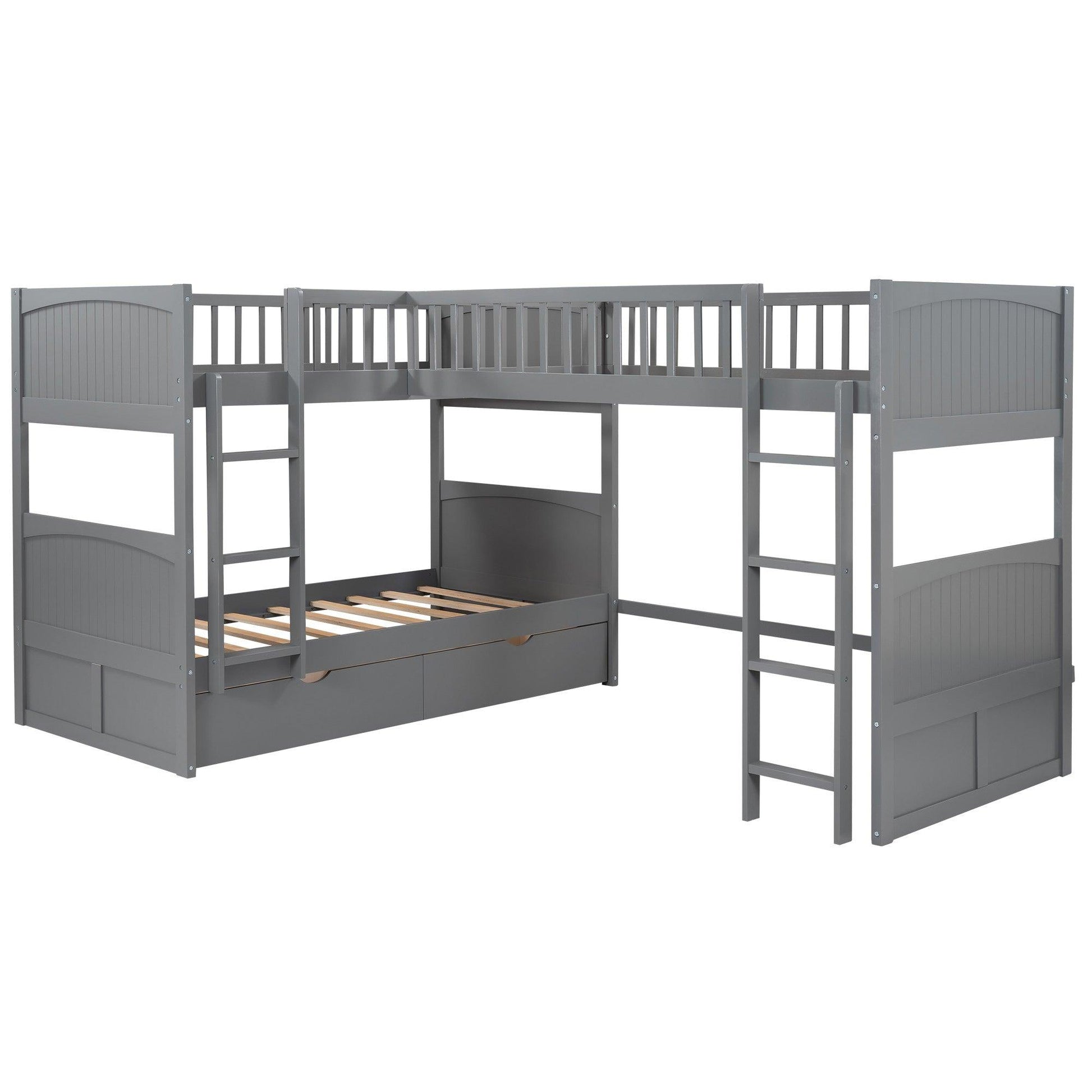 Gray Twin Size Bunk Bed with attached Loft Bed and Drawers - FurniFindUSA