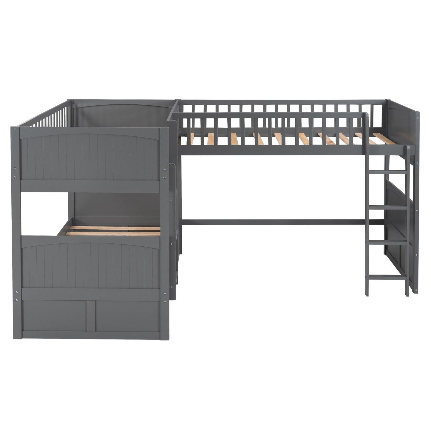 Gray Twin Size Bunk Bed with attached Loft Bed and Drawers - FurniFindUSA