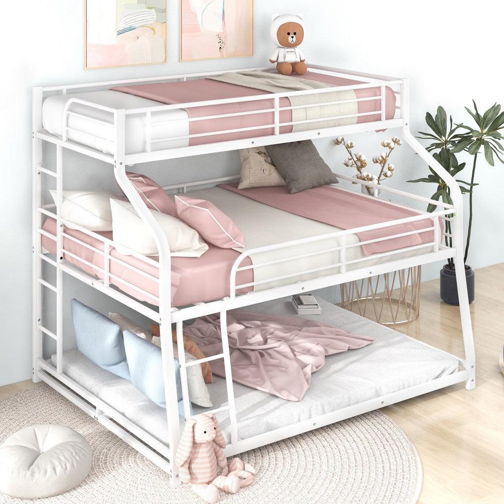 White Twin XL over Full XL over Queen Size Bunk Bed - FurniFindUSA