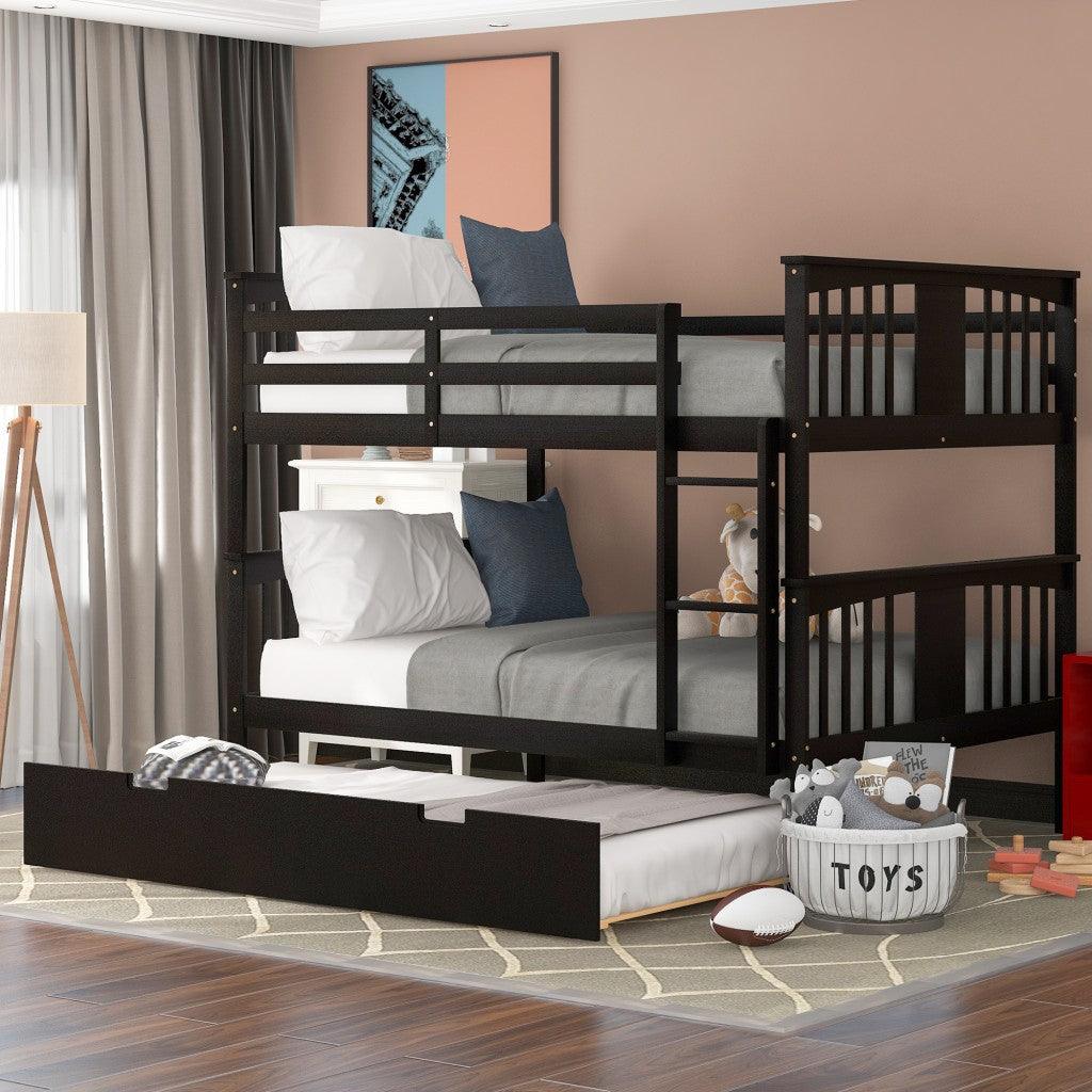 Brown Double Full Size Over Twin Trundle Bunk Bed - FurniFindUSA