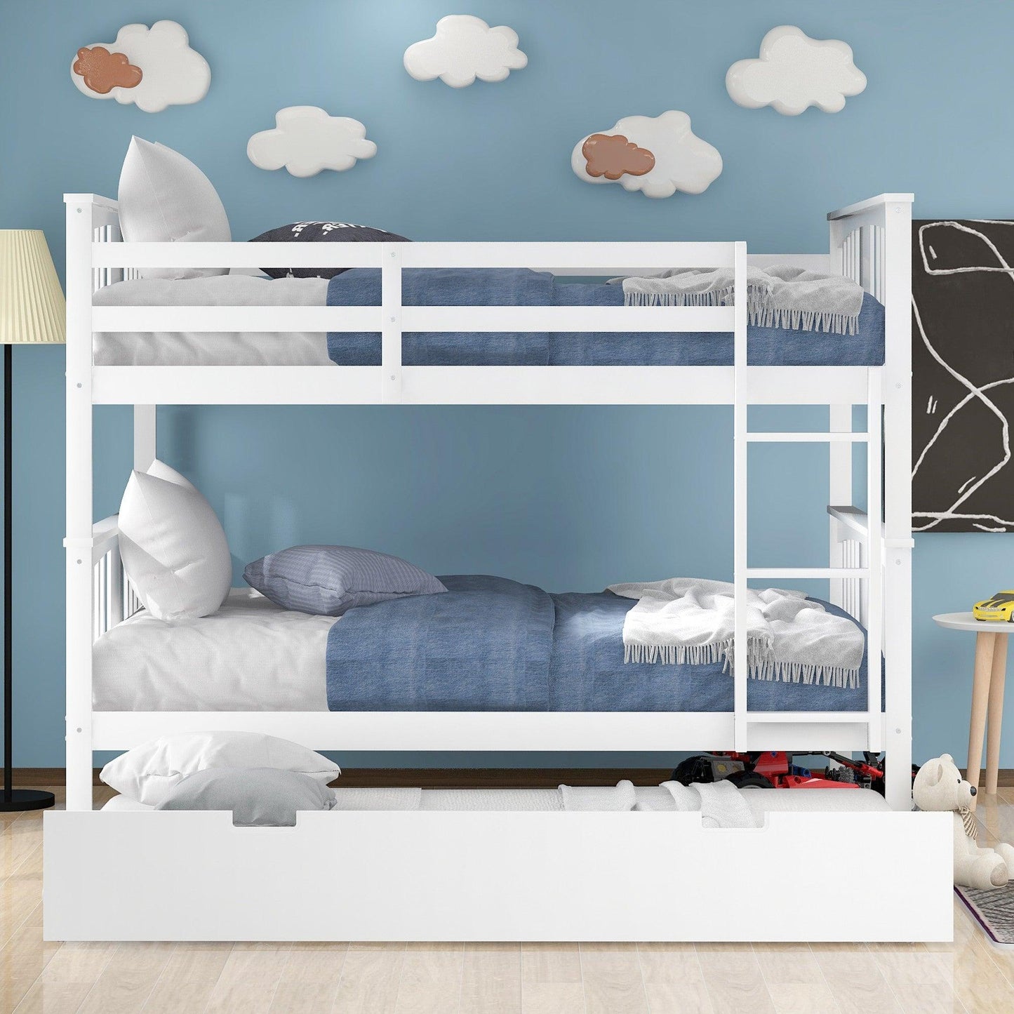 White Double Full Size Over Twin Trundle Bunk Bed - FurniFindUSA
