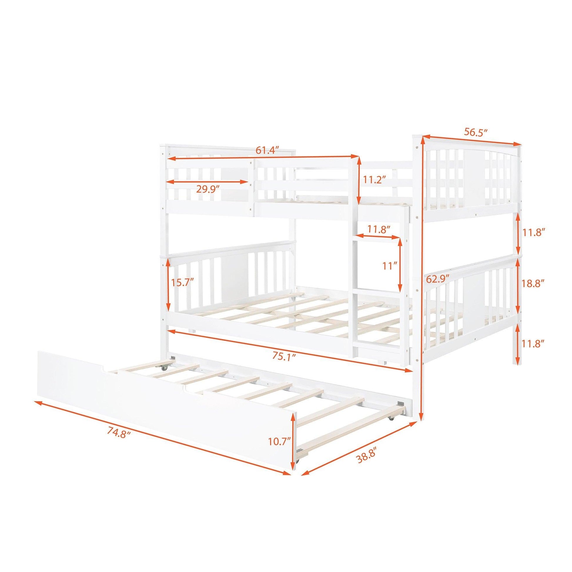 White Double Full Size Over Twin Trundle Bunk Bed - FurniFindUSA