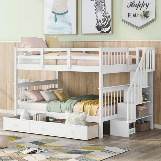 White Double Full Size Stairway Bunk Bed With Drawer - FurniFindUSA