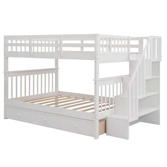 White Double Full Size Stairway Bunk Bed With Drawer - FurniFindUSA