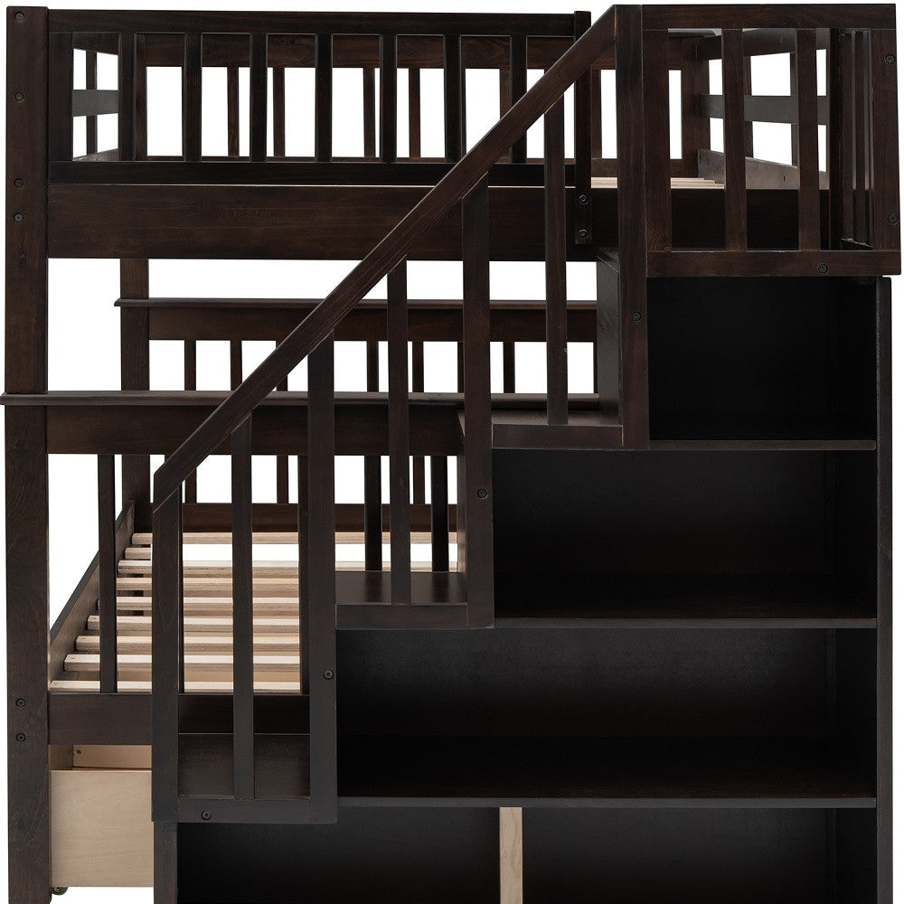 Brown Double Full Size Stairway Bunk Bed With Drawer