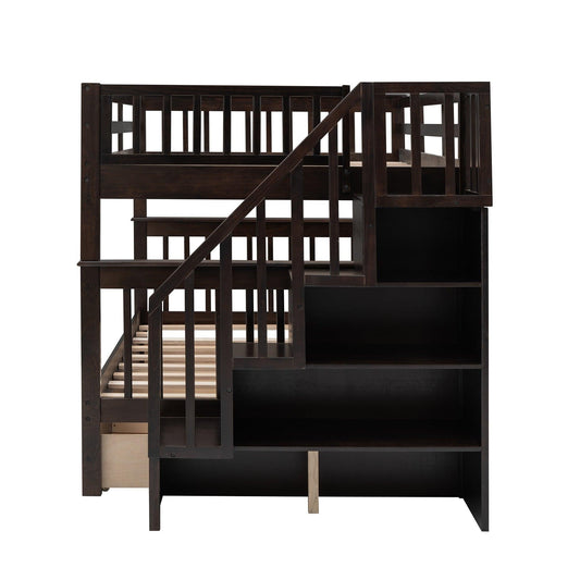 Brown Double Full Size Stairway Bunk Bed With Drawer - FurniFindUSA