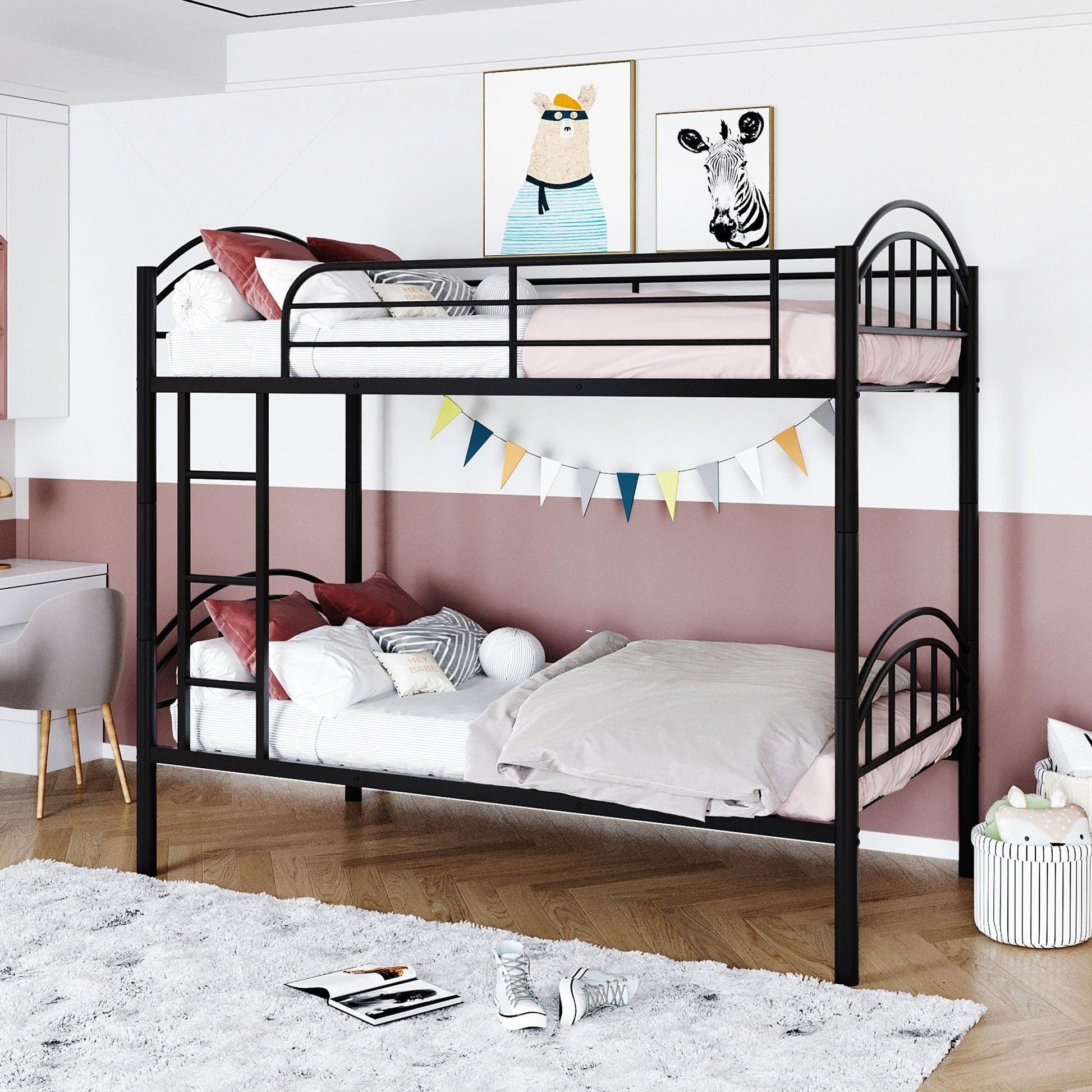 Black Modern Classic Twin Over Twin Metal Bunk Bed - FurniFindUSA