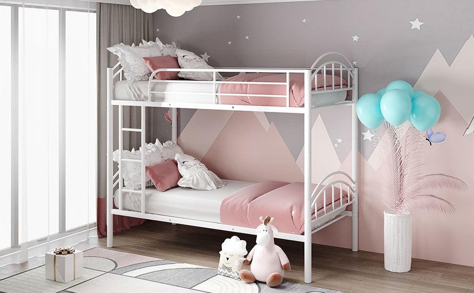 White Modern Classic Twin Over Twin Metal Bunk Bed - FurniFindUSA