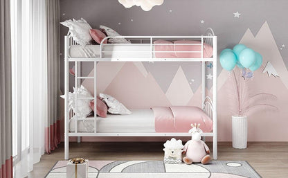 White Modern Classic Twin Over Twin Metal Bunk Bed - FurniFindUSA