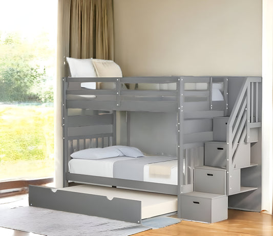 Gray Twin Over Twin Bunk Bed with Stairway and Drawers