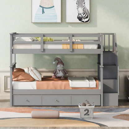 Gray Twin Over Twin Bunk Bed with Stairway and Drawers - FurniFindUSA