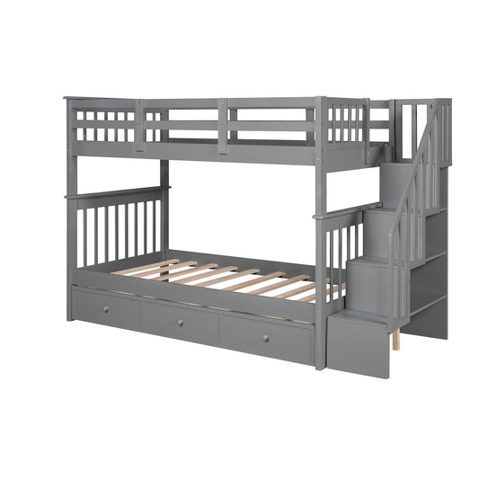 Gray Twin Over Twin Bunk Bed with Stairway and Drawers - FurniFindUSA