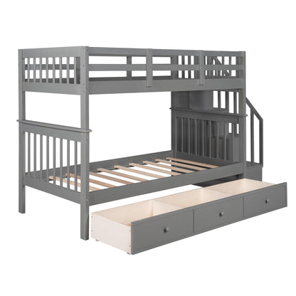 Gray Twin Over Twin Bunk Bed with Stairway and Drawers - FurniFindUSA