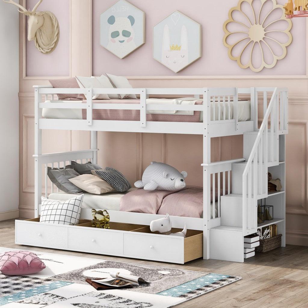 White Twin Over Twin Bunk Bed with Stairway and Drawers - FurniFindUSA