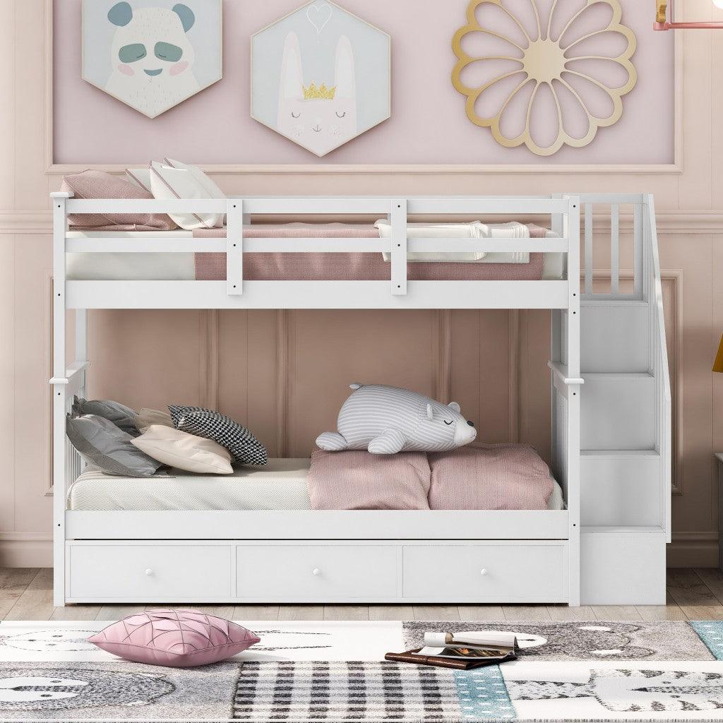 White Twin Over Twin Bunk Bed with Stairway and Drawers - FurniFindUSA