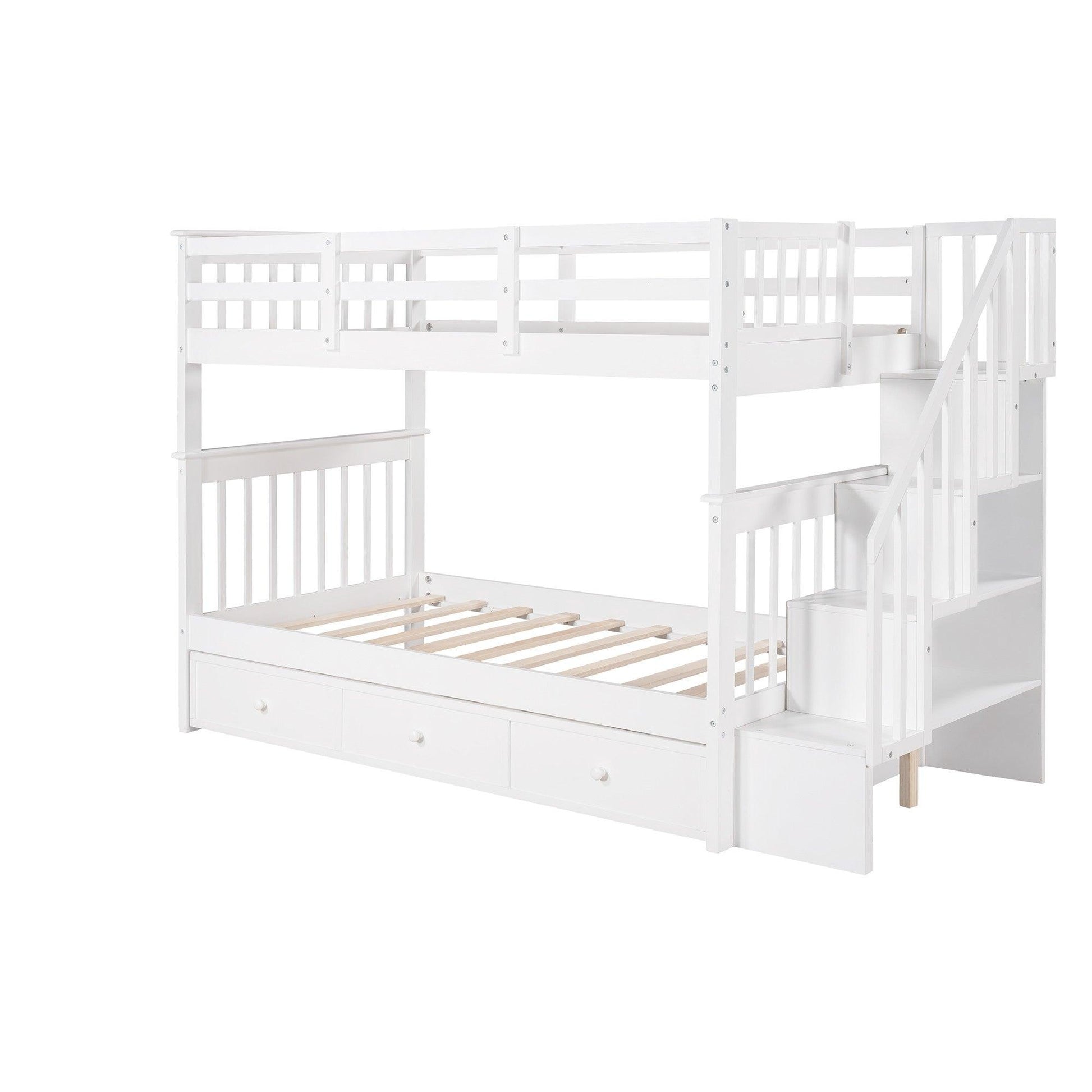 White Twin Over Twin Bunk Bed with Stairway and Drawers - FurniFindUSA