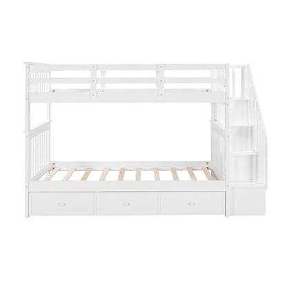 White Twin Over Twin Bunk Bed with Stairway and Drawers - FurniFindUSA