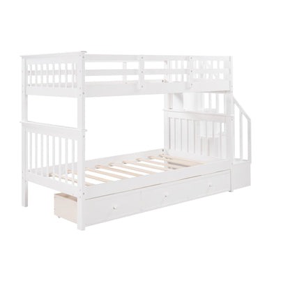 White Twin Over Twin Bunk Bed with Stairway and Drawers - FurniFindUSA