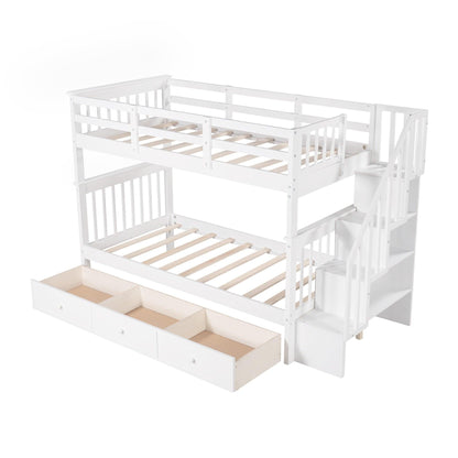 White Twin Over Twin Bunk Bed with Stairway and Drawers - FurniFindUSA