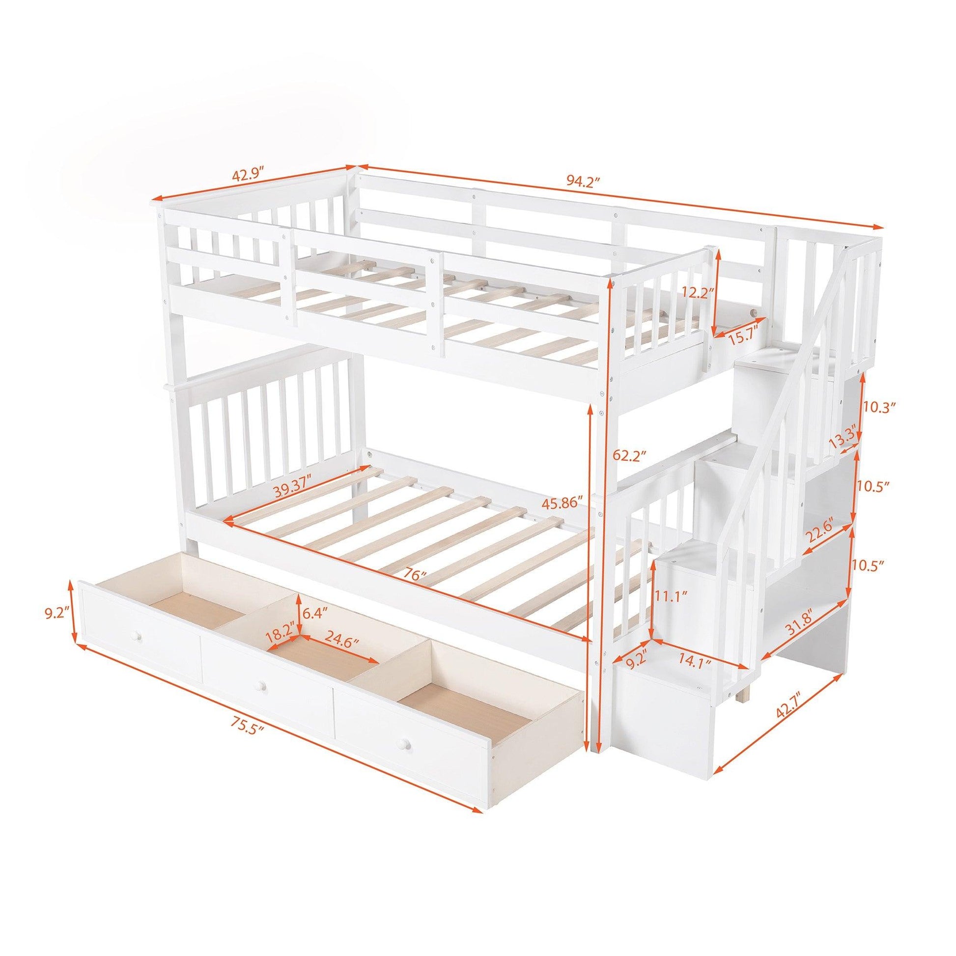 White Twin Over Twin Bunk Bed with Stairway and Drawers - FurniFindUSA