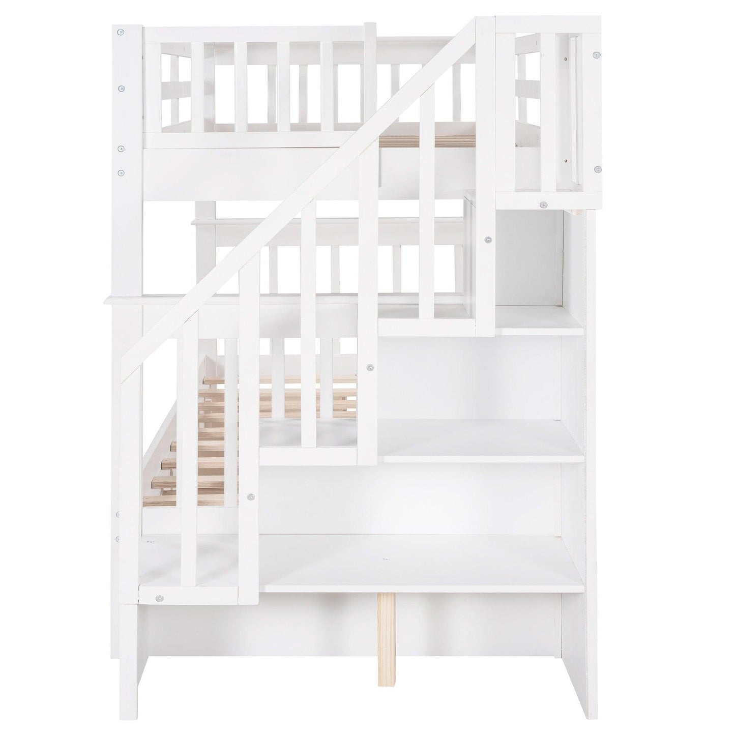 White Twin Over Twin Bunk Bed with Stairway and Drawers - FurniFindUSA