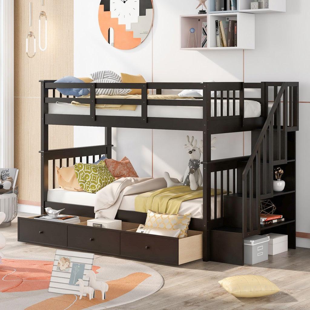 Espresso Twin Over Twin Bunk Bed with Stairway and Drawers - FurniFindUSA