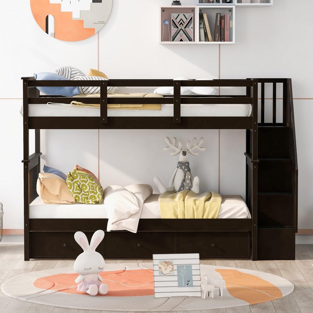 Espresso Twin Over Twin Bunk Bed with Stairway and Drawers - FurniFindUSA