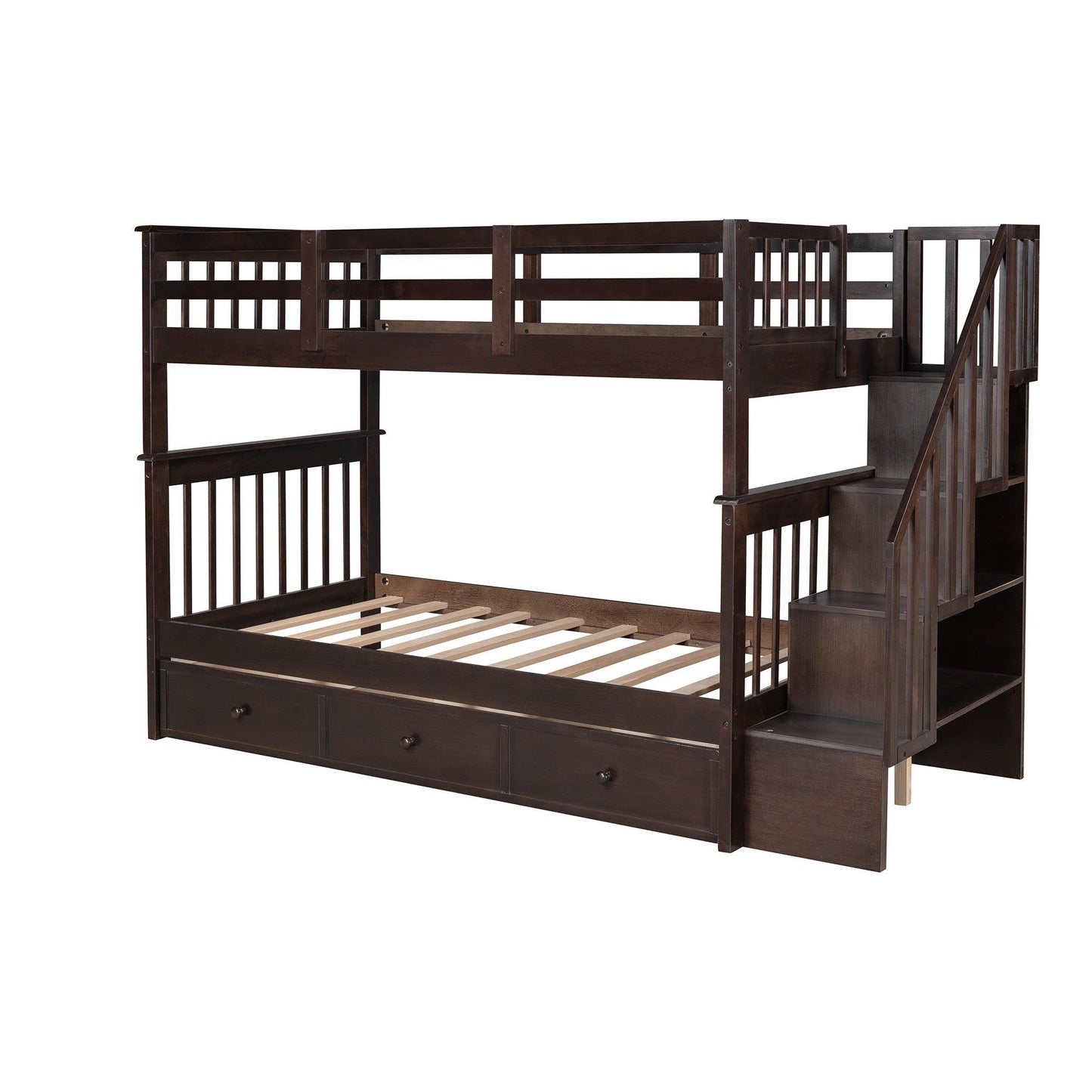 Espresso Twin Over Twin Bunk Bed with Stairway and Drawers - FurniFindUSA