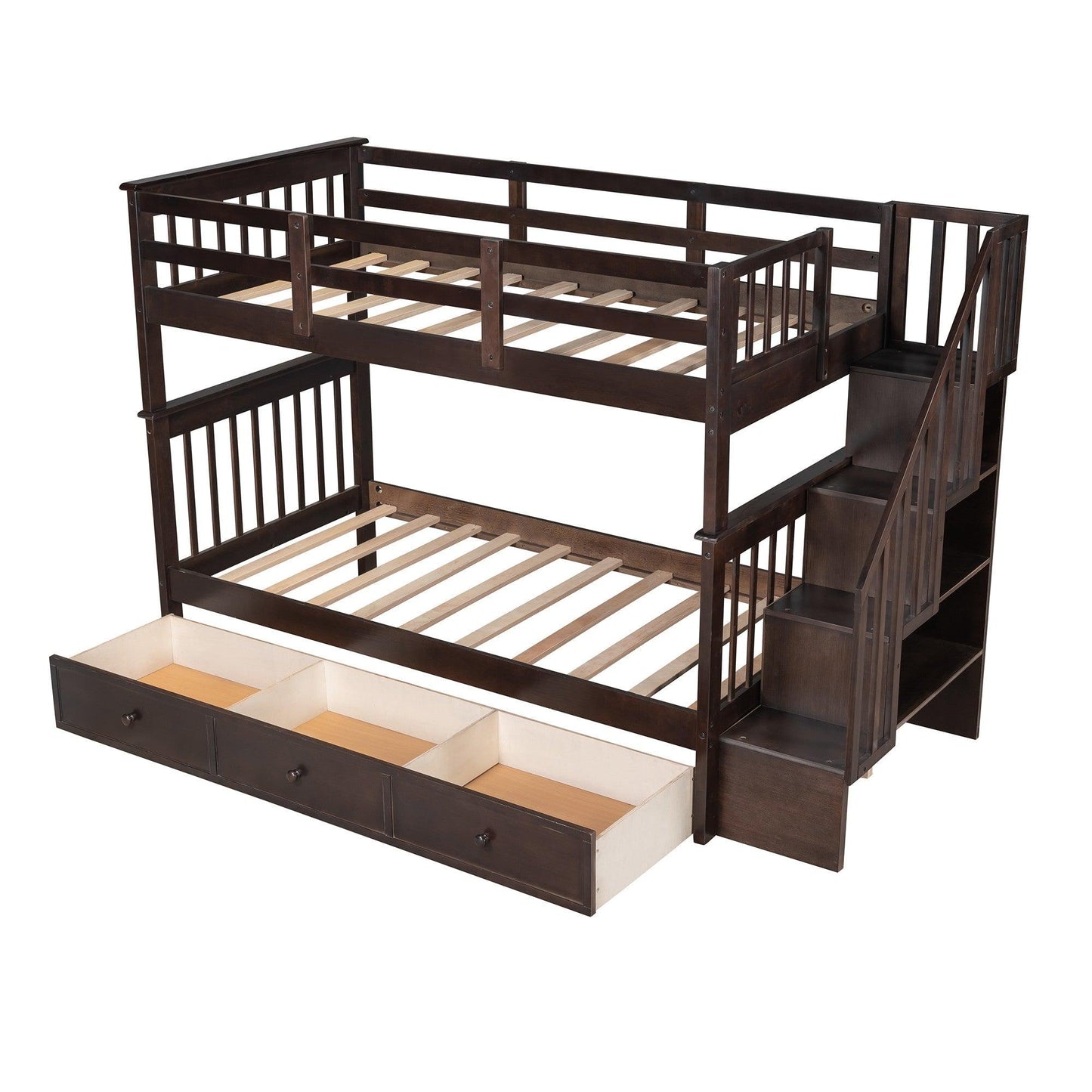 Espresso Twin Over Twin Bunk Bed with Stairway and Drawers - FurniFindUSA