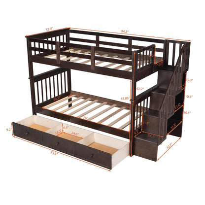 Espresso Twin Over Twin Bunk Bed with Stairway and Drawers - FurniFindUSA