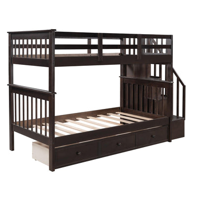 Espresso Twin Over Twin Bunk Bed with Stairway and Drawers - FurniFindUSA