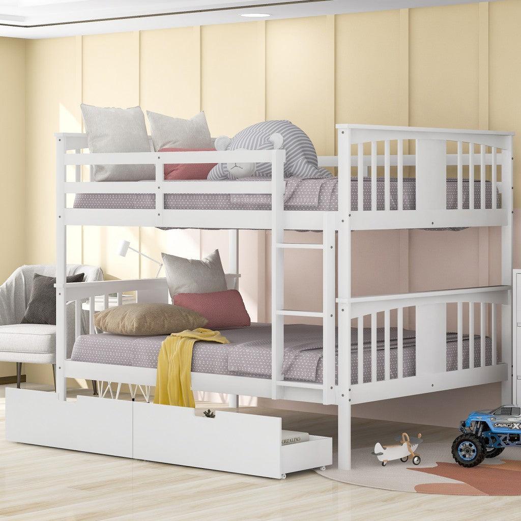 Modern White Full Over Full Bunk Bed with Two Drawers - FurniFindUSA