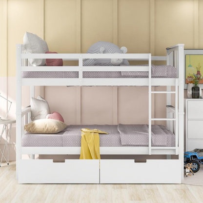 Modern White Full Over Full Bunk Bed with Two Drawers - FurniFindUSA