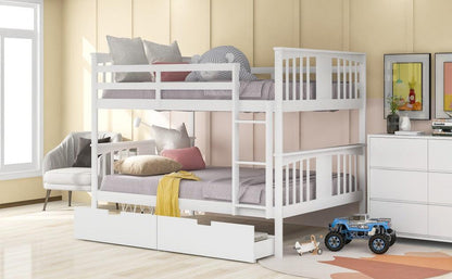 Modern White Full Over Full Bunk Bed with Two Drawers - FurniFindUSA