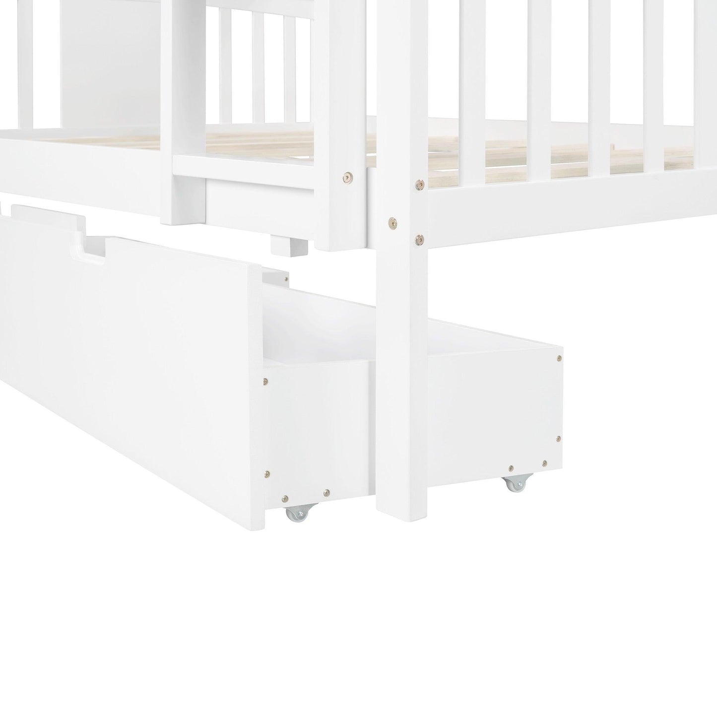 Modern White Full Over Full Bunk Bed with Two Drawers - FurniFindUSA