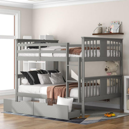 Modern Gray Full Over Full Bunk Bed with Two Drawers - FurniFindUSA